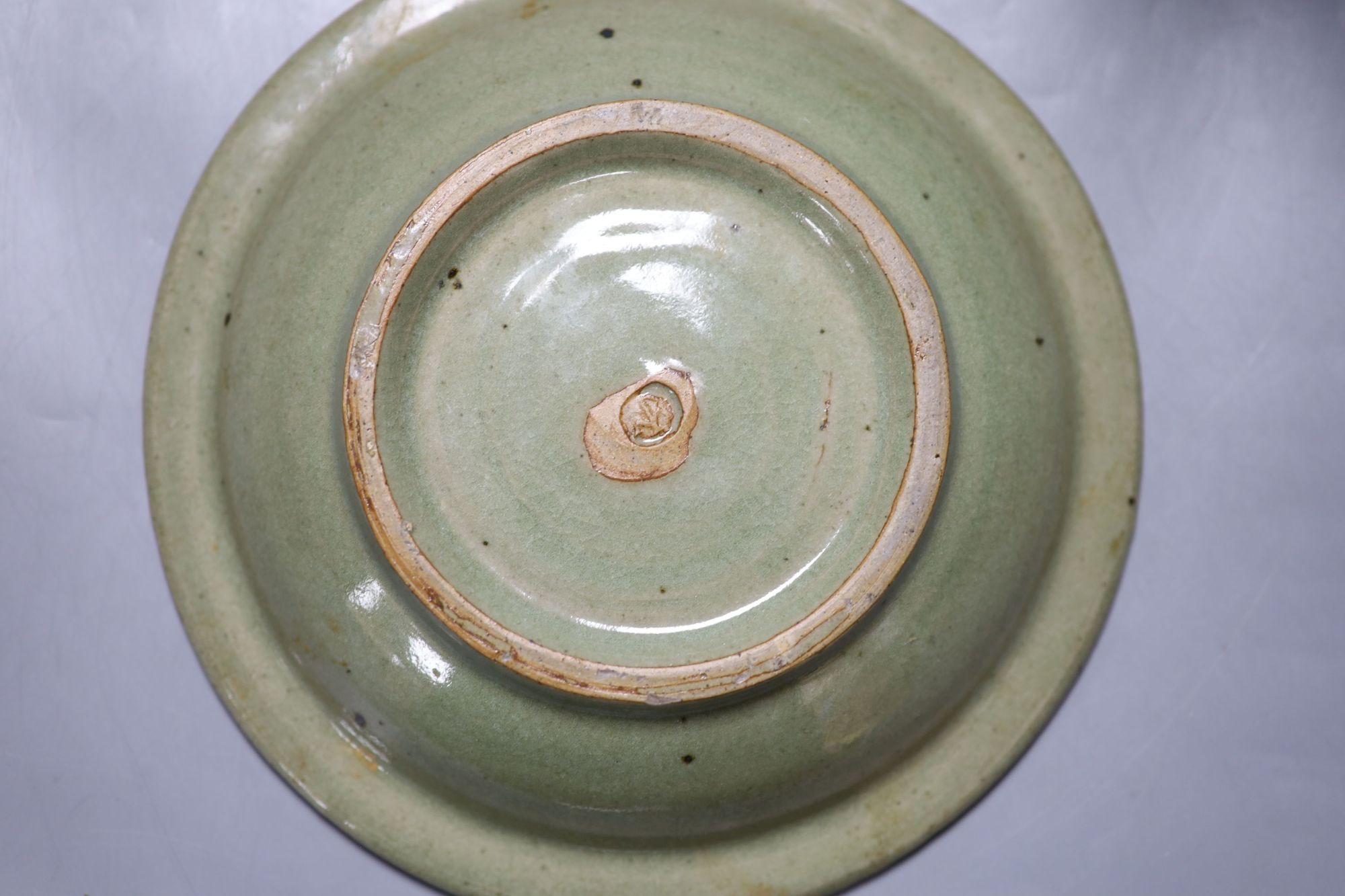 James Walford (1913-2003). A celadon glazed dish, diameter 24cm, and a crackle glazed vase, impressed marks